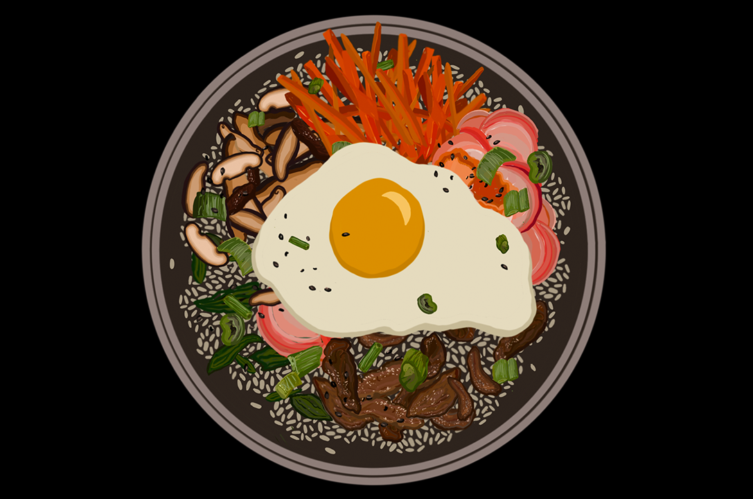 Drawing of Bibimbap, a Korean dish with sliced beef, a fried egg, and many veggies over a plate of rice.