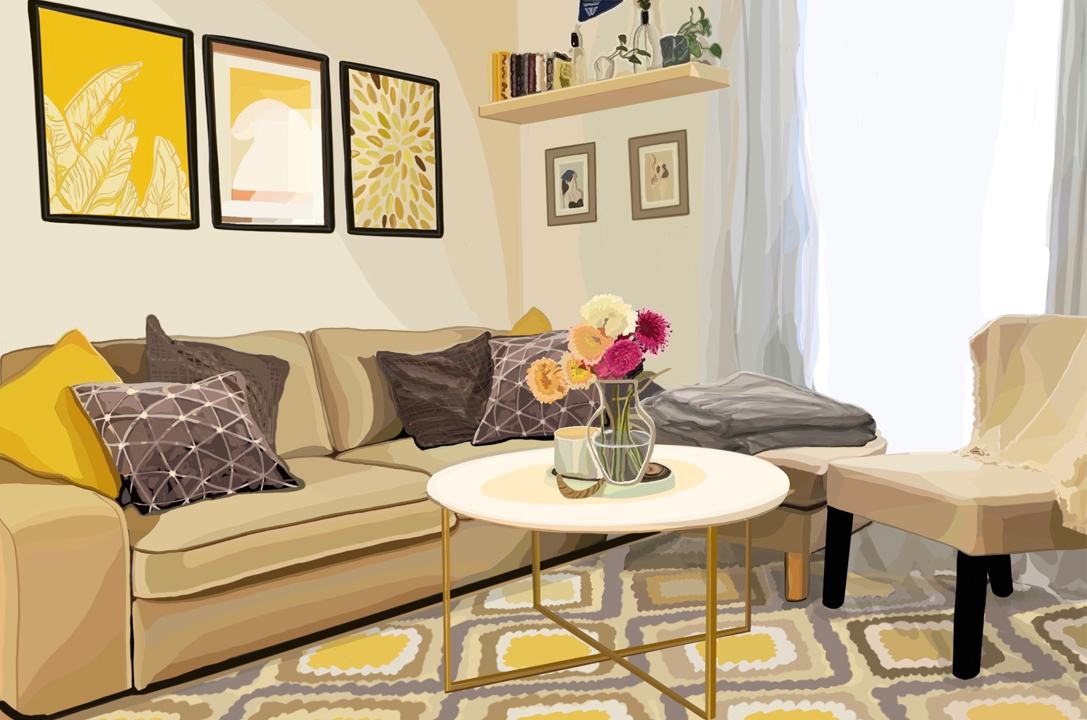 detailed drawing of an apartment with yellow undertones