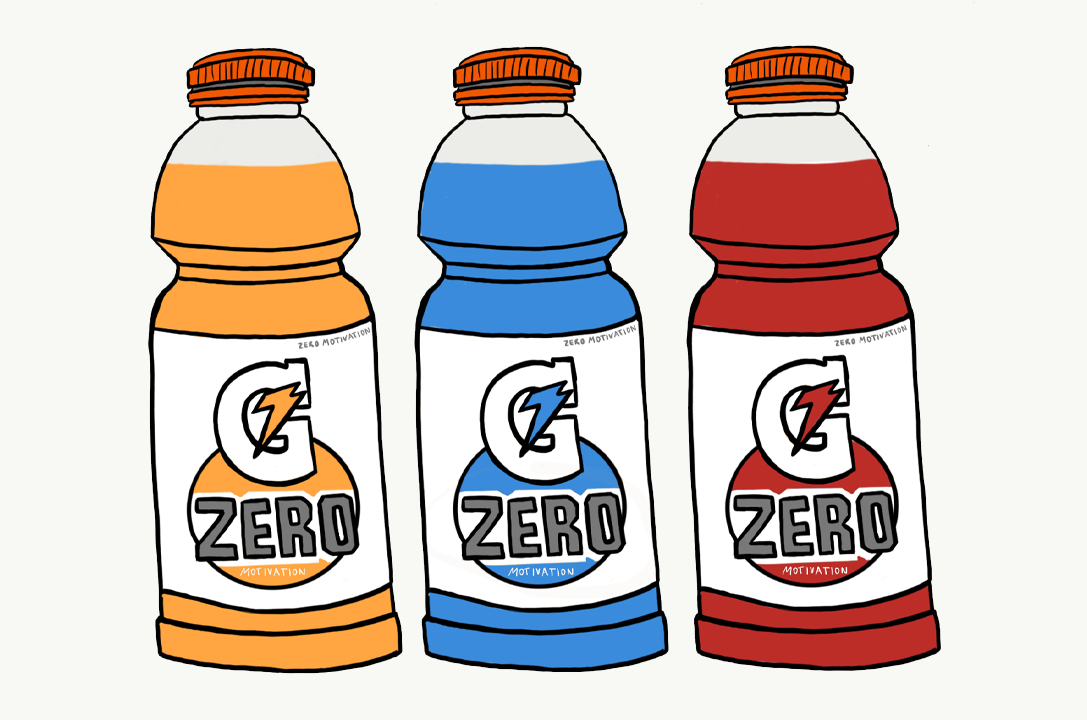 drawing 3 pop tart gatorade bottles. 'Zero sugar' has been replaced with 'zero motivation'/